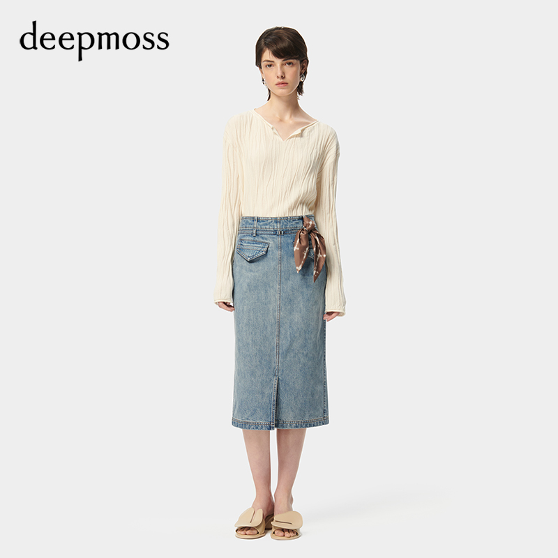 【deepmoss】2024春夏新款女装时尚简约装饰贴条牛仔中长半身裙 - 图0