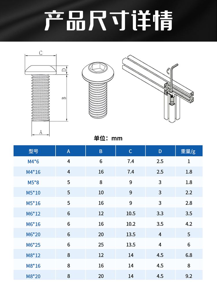 铝型材配件201不锈钢半圆头内六角螺栓盘头蘑菇头螺丝钉M8M10M12 - 图0