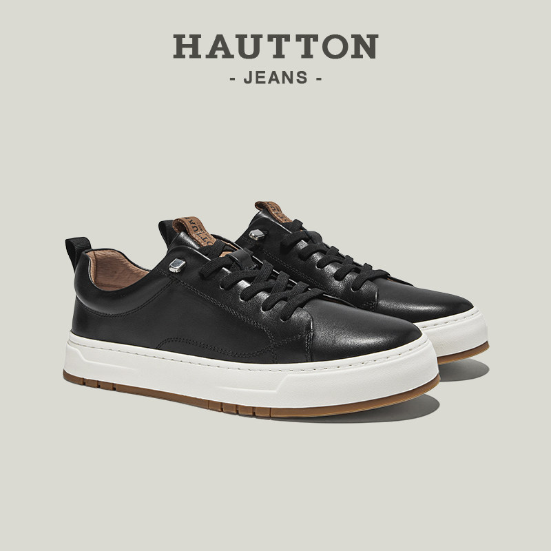 HauttonJeans休闲皮鞋男2025冬季新款真皮男士潮流百搭黑色板鞋子 - 图2