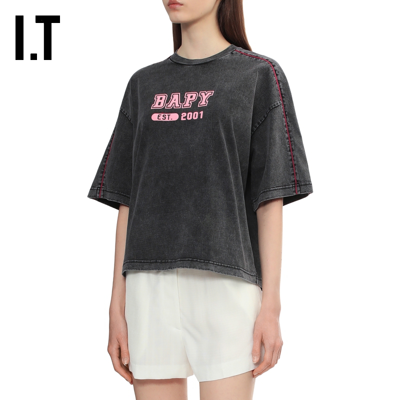 IT BAPY女装磨白做旧短袖T恤新款随性复古短款圆领半袖TE1244AO - 图2