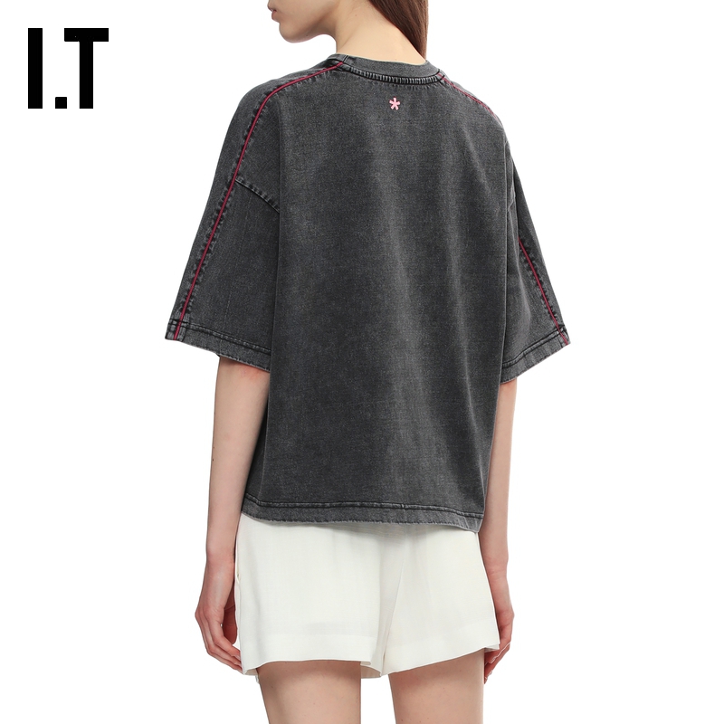 IT BAPY女装磨白做旧短袖T恤新款随性复古短款圆领半袖TE1244AO - 图3