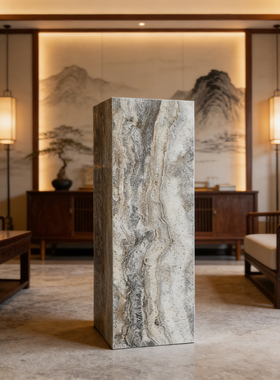 国古风灰色天然洞石立柱客厅高级感落地摆件立柱石材高端定制