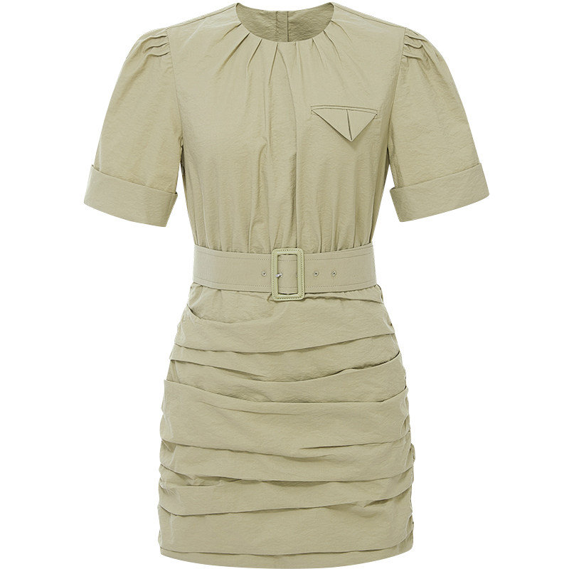 DAZZLE地素奥莱 春夏简约气质工装风褶裥设计短袖连衣裙女