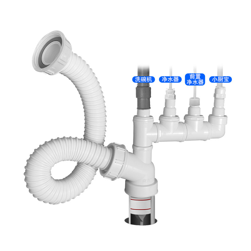 藏龙厨房水槽双头螺纹下水管洗衣槽洗菜盆防臭防溢排水管三通接头