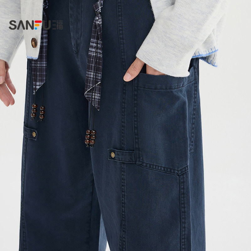 三福2026春季男士格纹腰绳口袋扣袢休闲裤 美式宽松长裤517886,淘宝优惠券,粉丝福利购,淘宝优惠卷