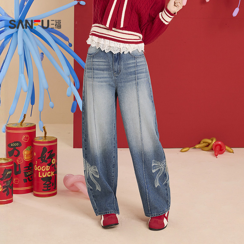 三福牛仔裤2026春季蝴蝶结印花复古洗水弯刀裤裤子女装517549,淘宝优惠券,粉丝福利购,淘宝优惠卷