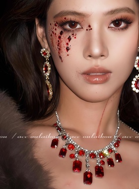 复古红色水滴流苏项链