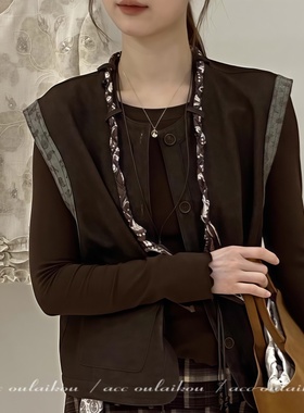 美拉德棕色丝巾串珠项链编绳