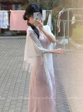 新中式白色薄纱披肩女2025新款