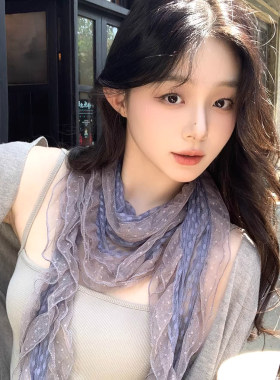 藤井树同款灰蓝色波点蕾丝围巾女夏季薄款紫色长款丝巾系脖高级感