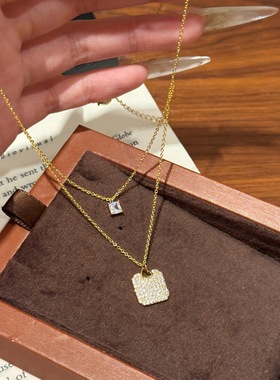 韩版双层超闪方形满天星锆石项链小众设计感轻奢高级感精致项链