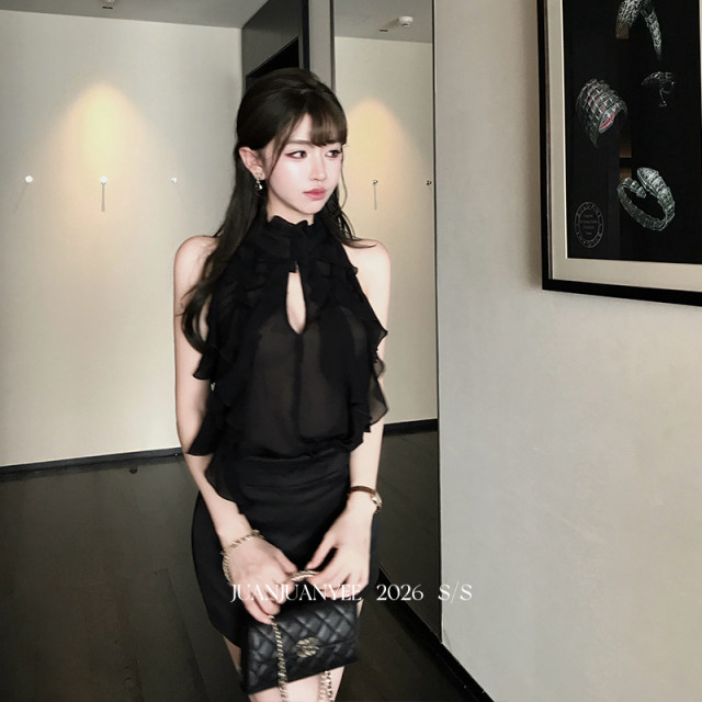 Juanjuanyee Xianshen ເລັກນ້ອຍເບິ່ງຜ່ານ 100 rayon ruffled halterneck chiffon ເສື້ອຢືດສ່ວນເທິງຂອງແມ່ຍິງ slimming