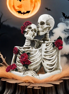 复古艺术玫瑰骷髅头情侣摆件树脂万圣节装饰品密室逃脱鬼屋道具