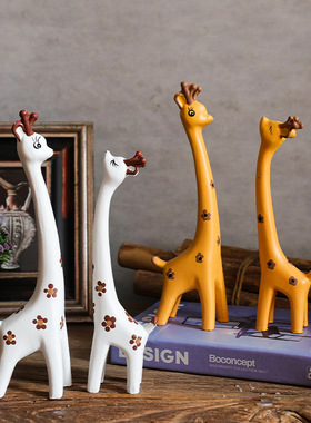 情侣鹿木质摆件工艺品客厅酒柜摆设长颈鹿陶瓷家居房间装饰少女心