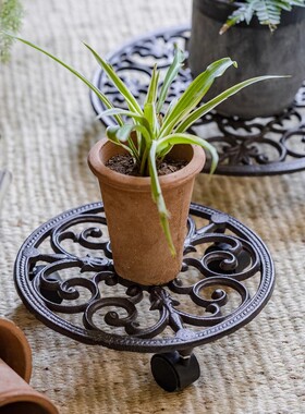 铁艺复古做旧铸铁花托花盆万向轮底座带轮盆栽移动滑轮盆垫底盘托