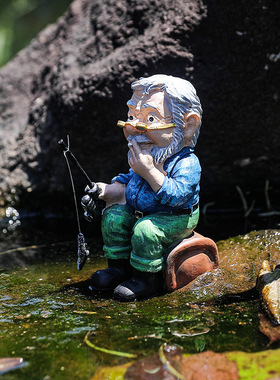 跨境带眼镜钓鱼老人树脂工艺摆件家居客厅样板间微景观装饰品摆件