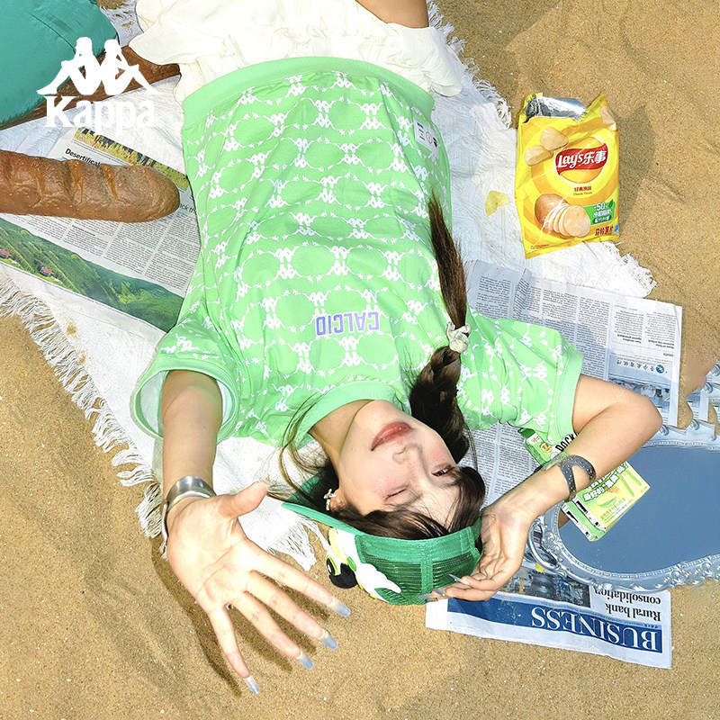 Kappa卡帕复古老花短袖夏女满印收口运动T恤休闲中袖圆领背心,淘宝优惠券,粉丝福利购,淘宝优惠卷