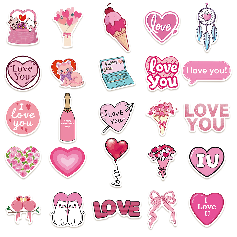 50张卡通可爱粉色情人节涂鸦贴纸趣味英文手机壳音响装饰防水贴画