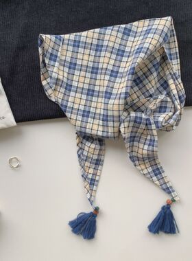 韩系复古格纹流苏三角巾棉麻质感撞色发带春夏文艺小领巾绑包围巾