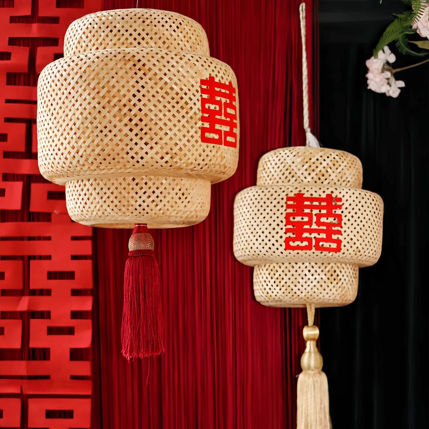 竹编喜字灯笼新中式汉服古风婚纱拍照婚庆道具红背景藤编镂空灯笼,淘宝优惠券,粉丝福利购,淘宝优惠卷
