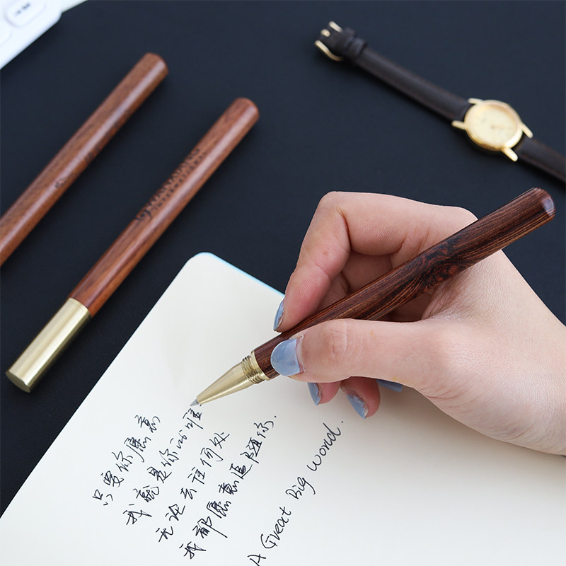 英范红木质签字笔水笔黑笔金属黄铜中性笔实木制高档商务男士高端笔礼物学生用古风木色签单笔定制刻字logo_虎窝淘
