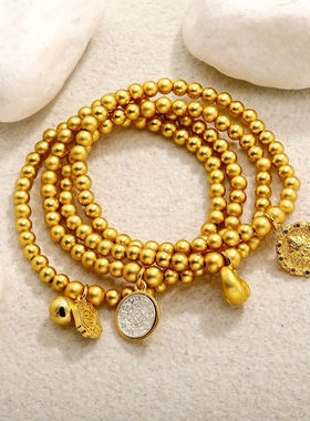 沙金古法圆珠手链组合串珠电镀菱形手串手饰ins小众个性吊坠手链