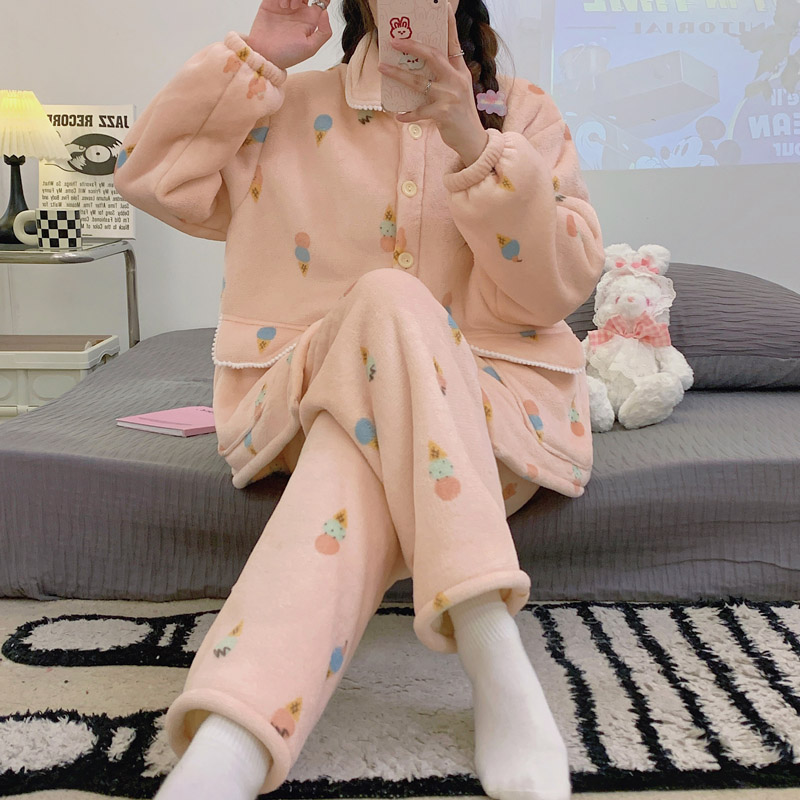 双层加厚雪羔绒内里睡衣女套装秋冬季加绒可爱珊瑚绒牛奶绒家居服