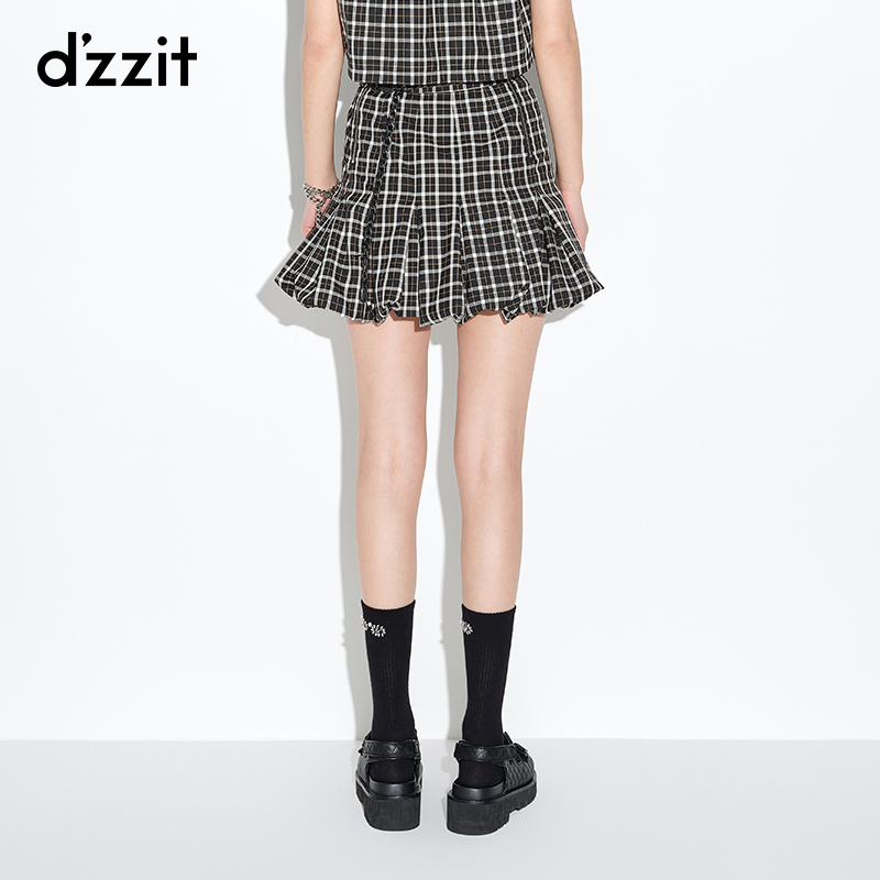 dzzit地素 奥莱夏款复古格子灯笼裙半身短裙女3D2S2153A