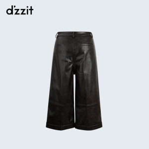 dzzit地素奥莱春款黑色宽松阔腿皮裤九分裤女3D1Q2041A