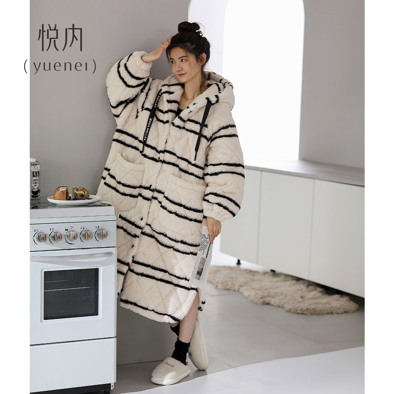 悦内睡袍女士睡衣秋冬季冬款珊瑚绒三层夹棉加厚法兰绒大码长款裙,淘宝优惠券,粉丝福利购,淘宝优惠卷