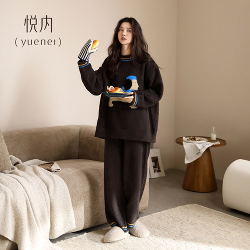 悦内半边绒睡衣女冬季秋冬款珊瑚绒软绵绵毛绒家居服卡通狗可外穿 - 图3