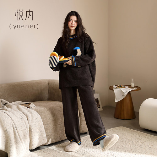 悦内半边绒睡衣女冬季秋冬款珊瑚绒软绵绵毛绒家居服卡通狗可外穿 - 图2