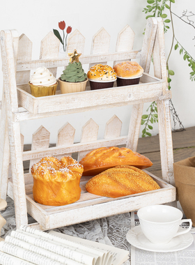 复古木质双层甜品架户外置物花架