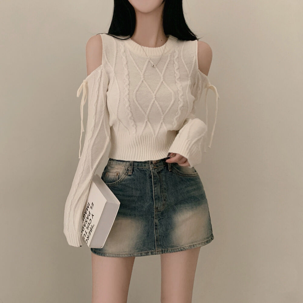 毛衣女春秋季韩系纯欲露肩麻花针织衫设计感小众高腰长袖短款上衣,淘宝优惠券,粉丝福利购,淘宝优惠卷