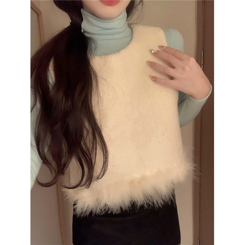 2025新款温柔风套装红色高领针织衫女春季叠穿毛毛马甲背心两件套,淘宝优惠券,粉丝福利购,淘宝优惠卷