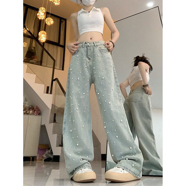 Hot Girl Style Pearl Jeans 2026 Summer New Casual Loose High Waist Slim Wide Leg Drape Straight Pants