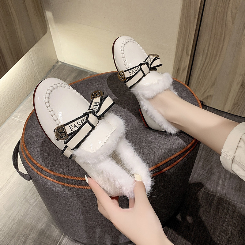 蝴蝶结加绒一脚蹬单鞋女防滑2025冬季毛线口韩版东大门毛毛豆豆鞋,淘宝优惠券,粉丝福利购,淘宝优惠卷