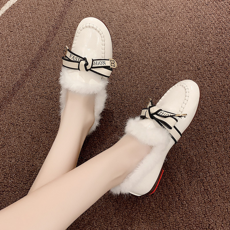 蝴蝶结加绒一脚蹬单鞋女防滑2025冬季毛线口韩版东大门毛毛豆豆鞋,淘宝优惠券,粉丝福利购,淘宝优惠卷