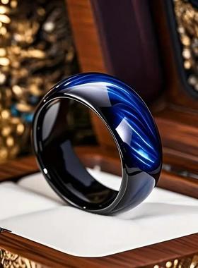 新款男士 8 毫米黑色戒指,镶嵌蓝虎眼石贴片 – 时尚现代设计