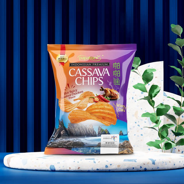 Indonesian imported Papatong wavy cassava chips 110g Internet celebrity puffed food drama snacks spicy grilled chicken flavor