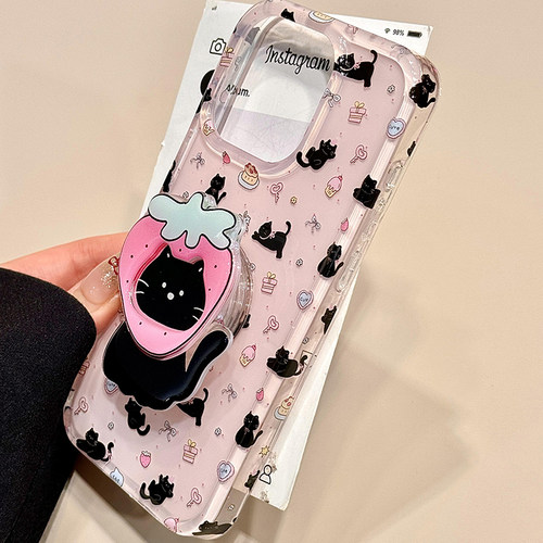 ins风粉底满屏蛋糕黑猫咪适用iphone16pro手机壳苹果15保护套14带支架链条13新款16promax双层防摔max女外壳 - 图1