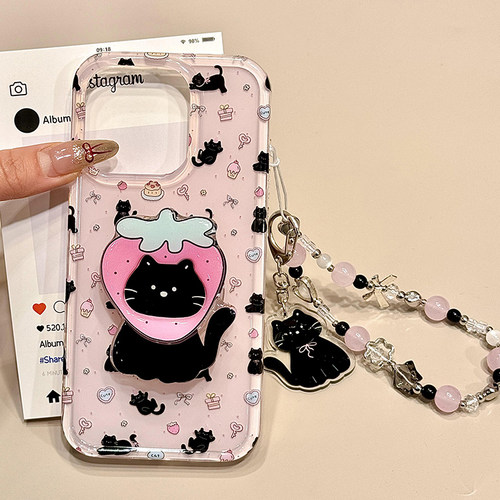 ins风粉底满屏蛋糕黑猫咪适用iphone16pro手机壳苹果15保护套14带支架链条13新款16promax双层防摔max女外壳 - 图0