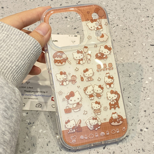 可爱ins格纹满屏kt猫适用于苹果15手机壳iphone14保护套13防摔小众新款17promax全包16pro独特max超火手机套-图3