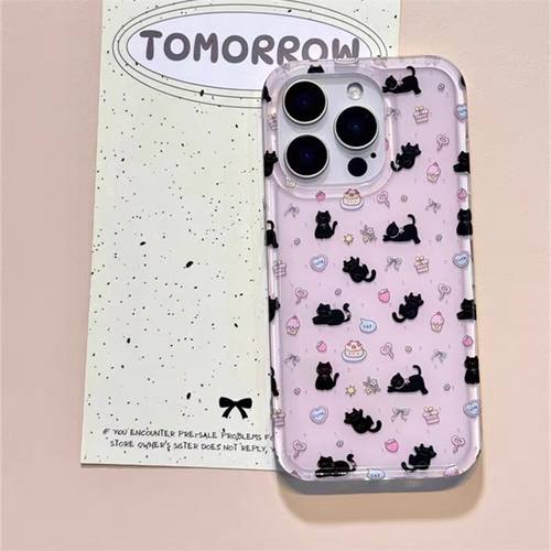 ins风粉底满屏蛋糕黑猫咪适用iphone16pro手机壳苹果15保护套14带支架链条13新款16promax双层防摔max女外壳 - 图3