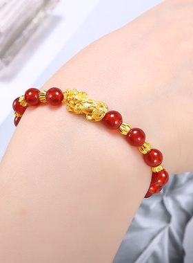 黄金招财貔貅手链女款转运珠手饰天然红玛瑙石榴石手串送女友老婆
