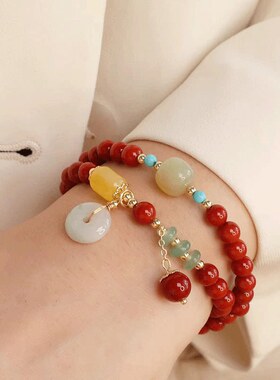 普陀山南红玛瑙手串翡翠平安扣手链本命年双圈叠戴520送女友礼物