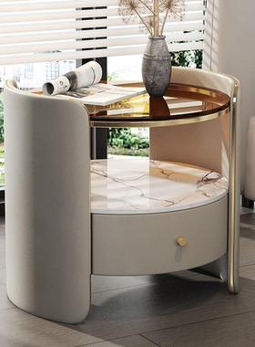 圆形床头柜意式实木马鞍皮边几极简卧室家用现代收纳柜床边柜储物