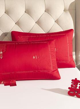 婚庆大红色枕芯结婚陪嫁枕全棉刺绣枕头天丝莱赛尔枕芯可机洗水洗