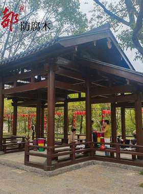 供应中式仿古花旗松防腐木户外小木屋四角凉亭景观凉亭