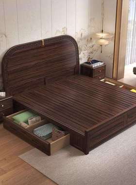 新中式乌金木实木床1.8米双人大床轻奢现代简约1.5米主卧储物婚床